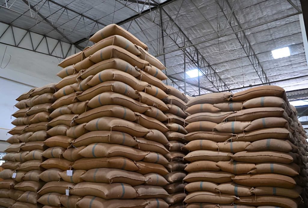 Pyramid stacks of rice sacks in a warehouse